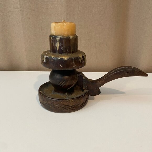 Antique Primitive 1900s Wood Candle Holder with Handle 6.5"‎ Carved Prop - Picture 4 of 6